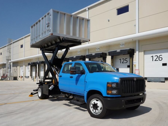 DOUBLE CAB 14 FT ROOFING DUMP BED TRUCK BLUE