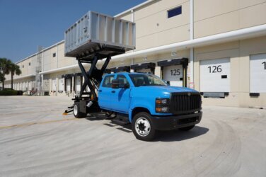 DOUBLE CAB 14 FT ROOFING DUMP BED TRUCK BLUE